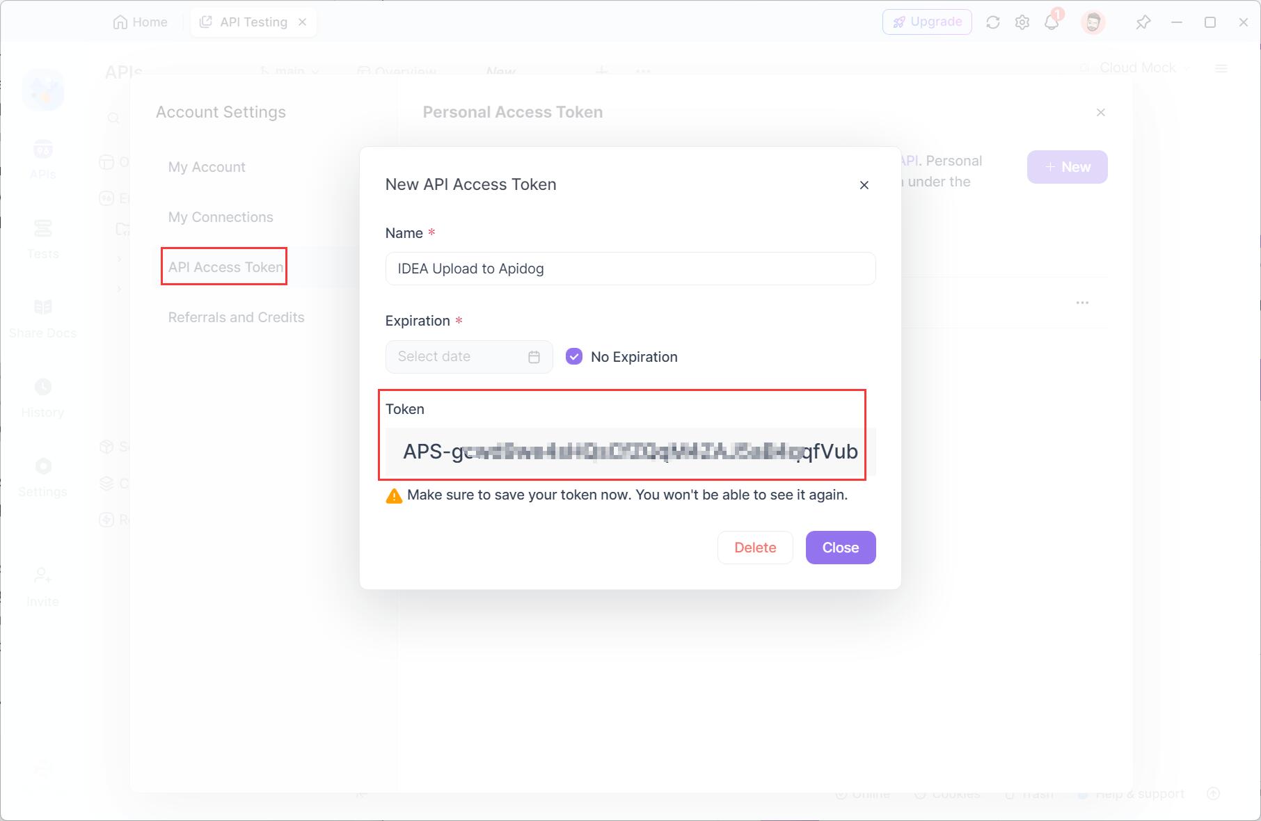 Generate API access token at Apidog