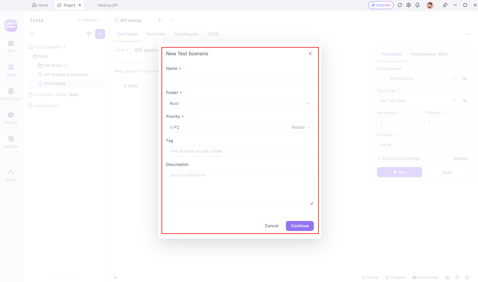 Create a new test scenario at Apidog