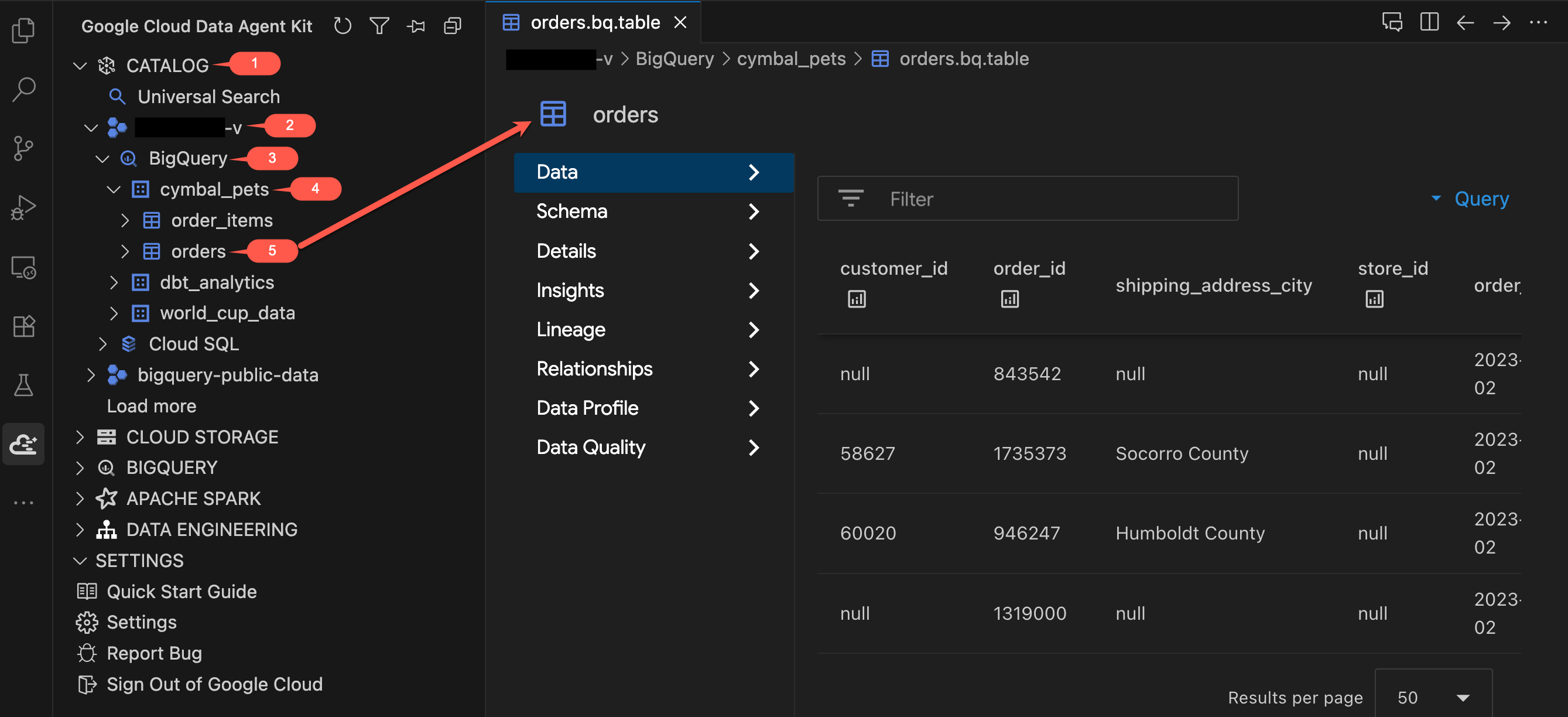 جدول الطلبات في BigQuery