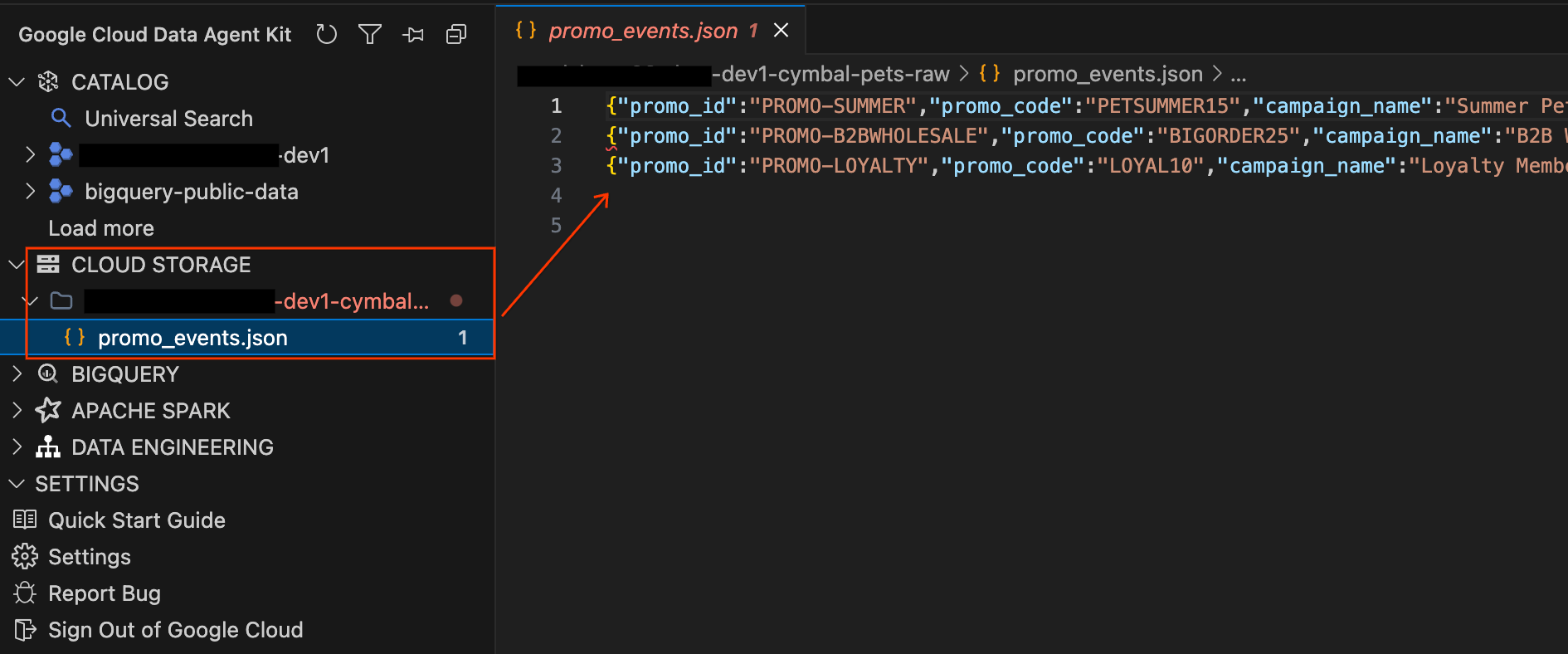 معاينة ملف promo_events.json في Cloud Storage
