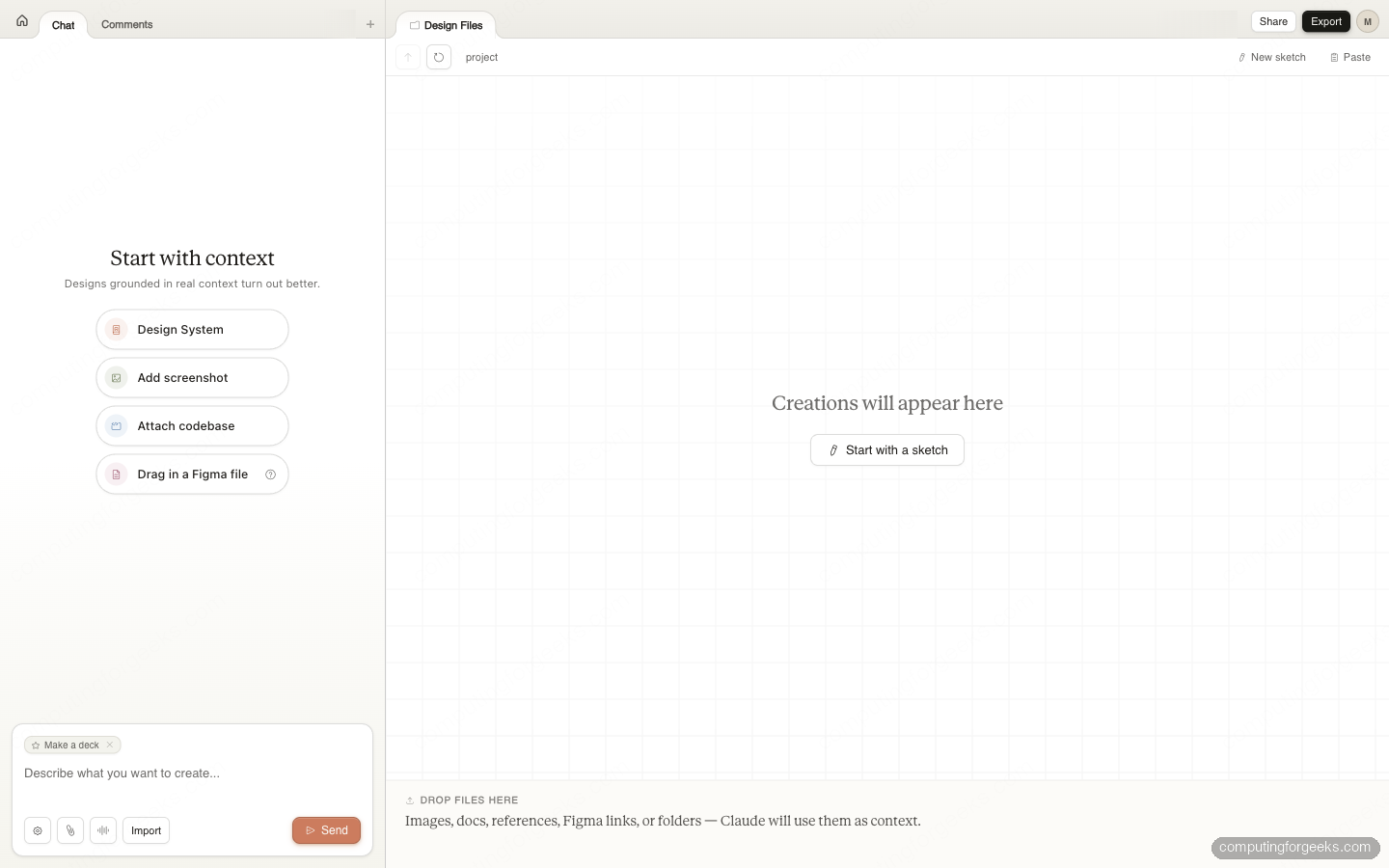 Claude Design Tutorial: Generate Decks, Wireframes & Prototypes 4 Claude Design project workspace with context upload options