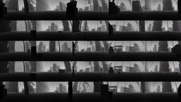 A grid of 25 video thumbnails transitions from black and white to bright, pastel colors, then to realistic colors.