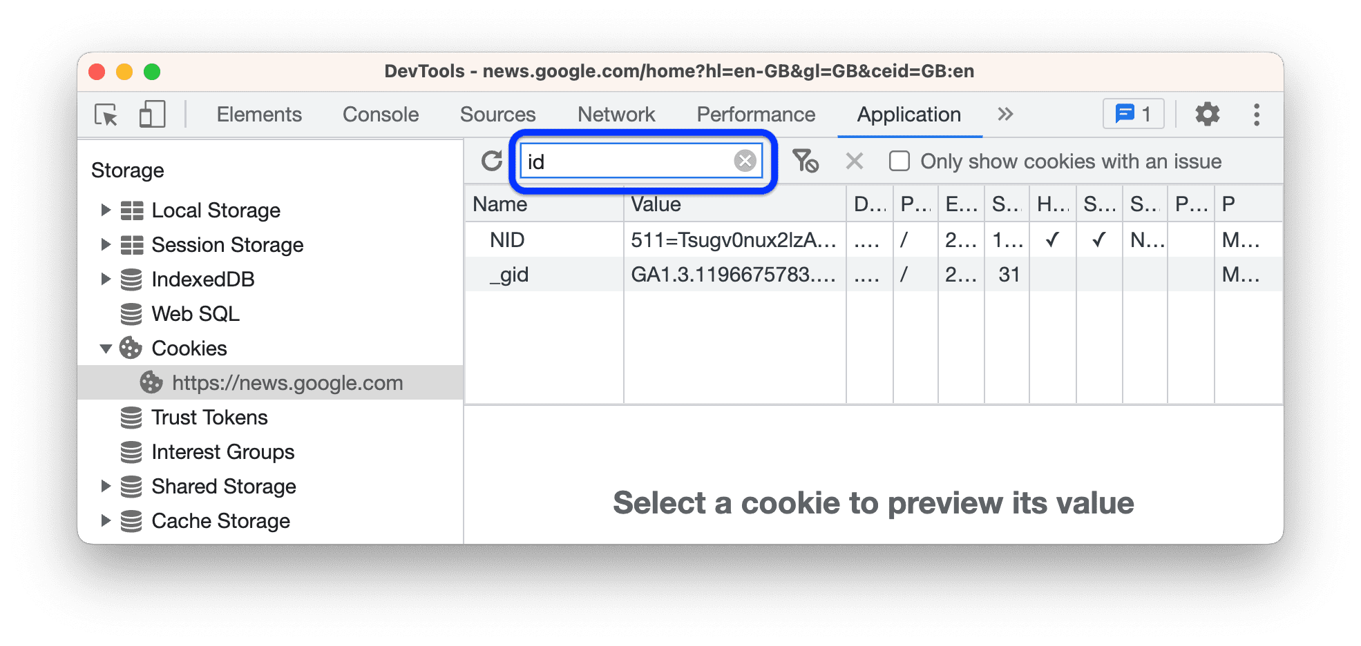 Фильтрация всех файлов cookie, не содержащих «id».