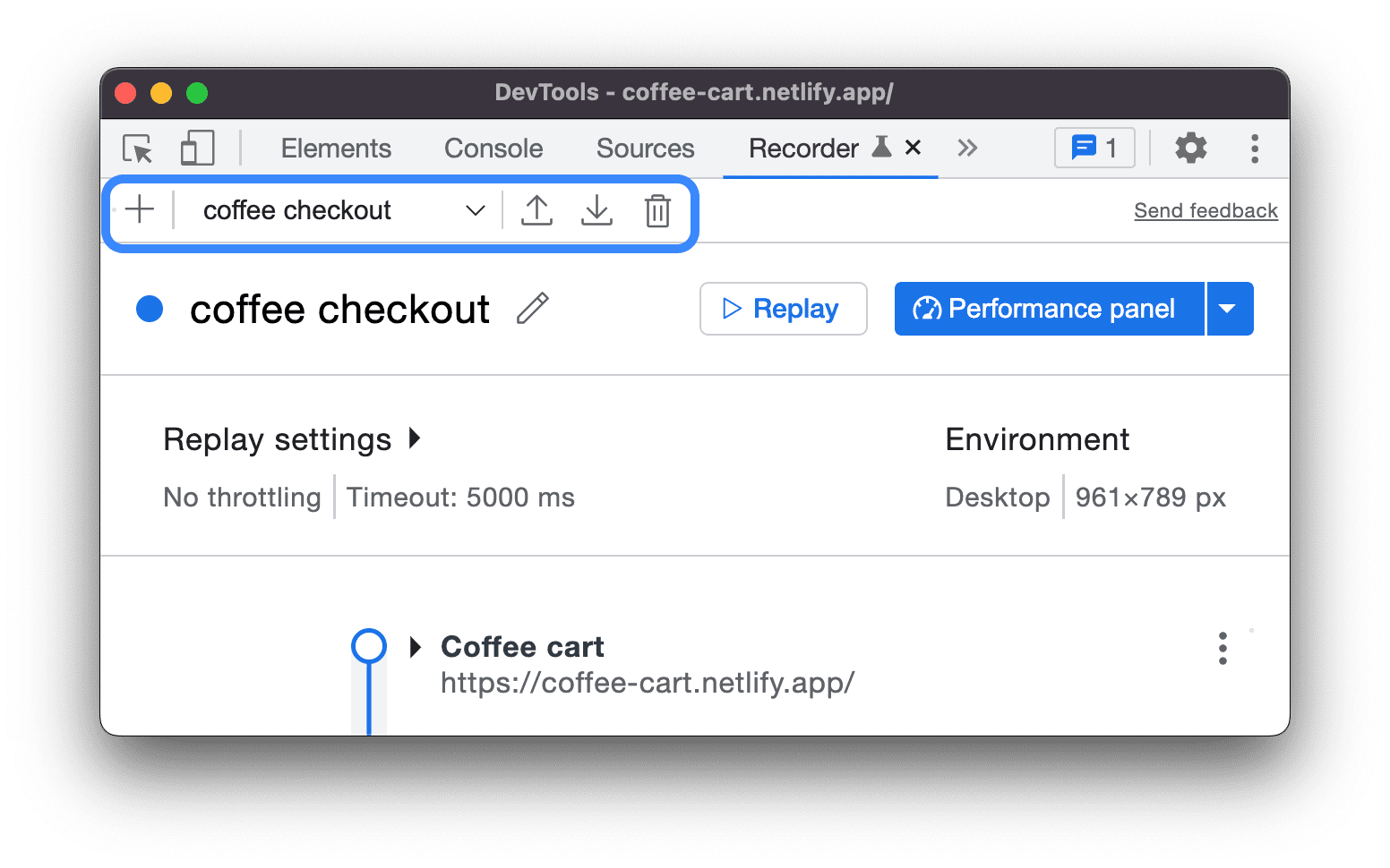 DevTools Recorder पैनल के हेडर में एक ड्रॉप-डाउन मेन्यू होता है. इसकी मदद से, उपयोगकर्ता फ़्लो में बदलाव किया जा सकता है.