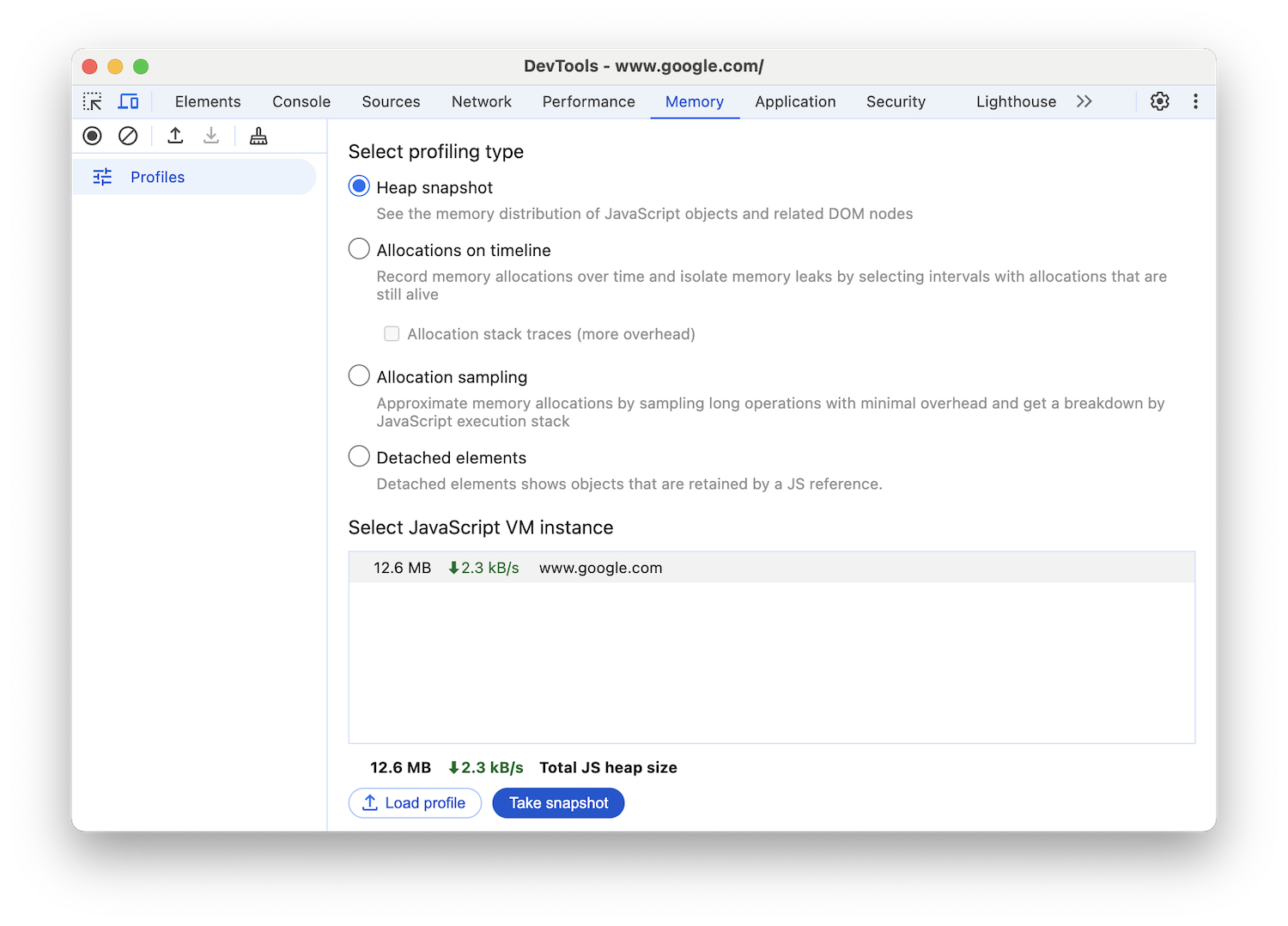 Keuzerondje 'Heap snapshot maken' geselecteerd.