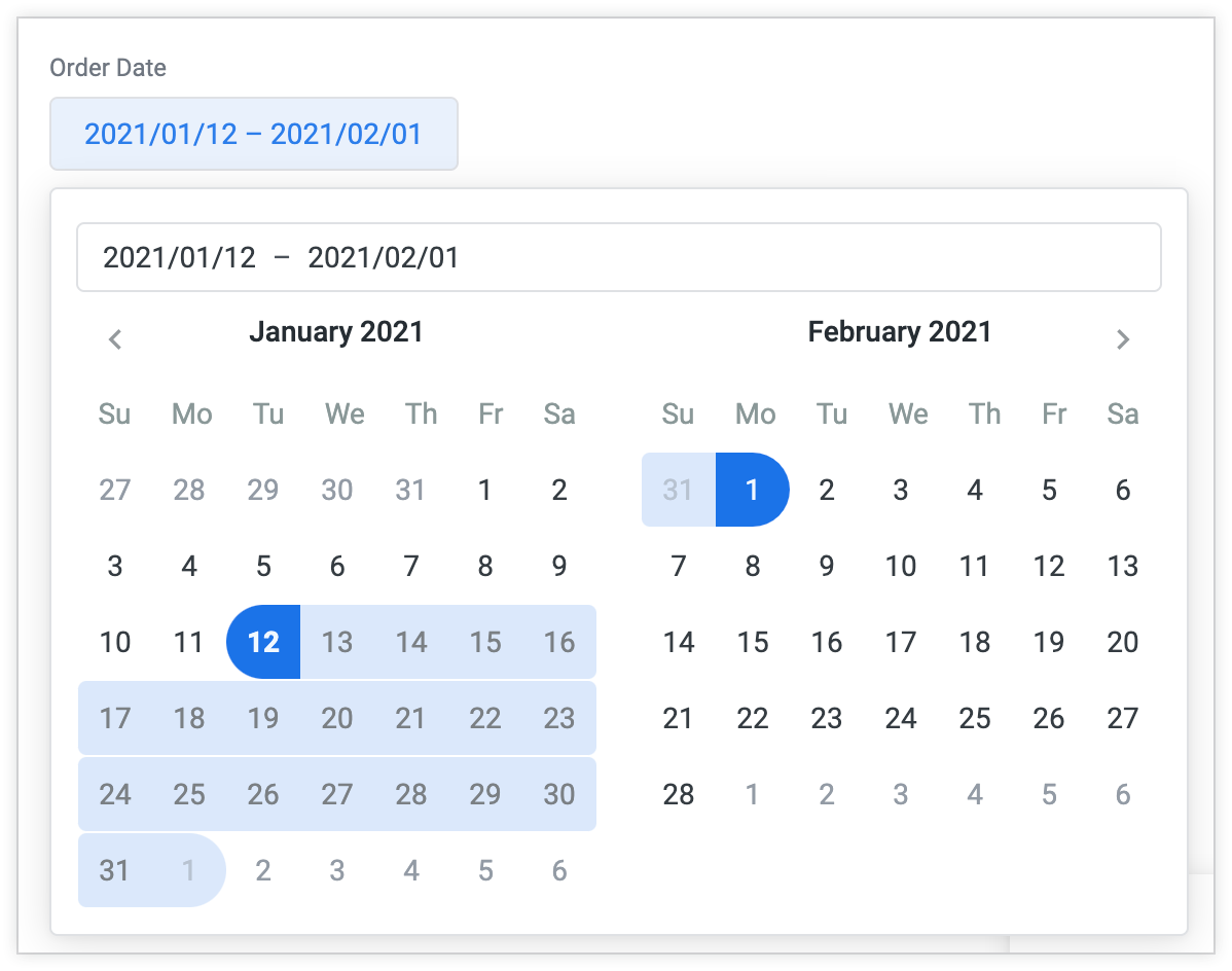 Les sélecteurs de plage de dates s'affichent initialement sous la forme d'une plage de dates, mais vous pouvez la sélectionner pour afficher un calendrier de deux mois. Vous pouvez sélectionner des dates dans le calendrier pour modifier la valeur du filtre.