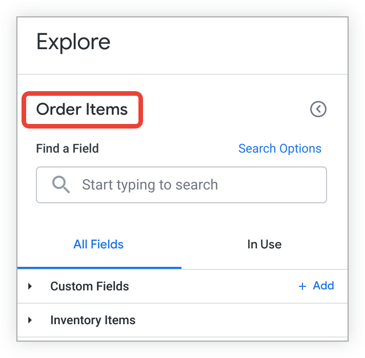 Une exploration avec le libellé "Informations sur les articles commandés" dans le menu "Explorer" et le sélecteur de champs.