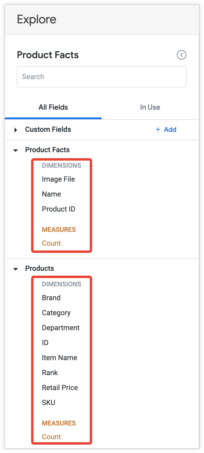 Kolom dari tampilan Produk dikelompokkan di bawah label tampilan Produk secara default.