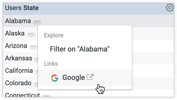 אפשרויות התפריט של הערך Alabama כוללות את Filter on Alabama בקטע Explore וקישור לפתיחת תוצאת חיפוש ב-Google לגבי Alabama בכרטיסיית דפדפן חדשה בקטע Links.