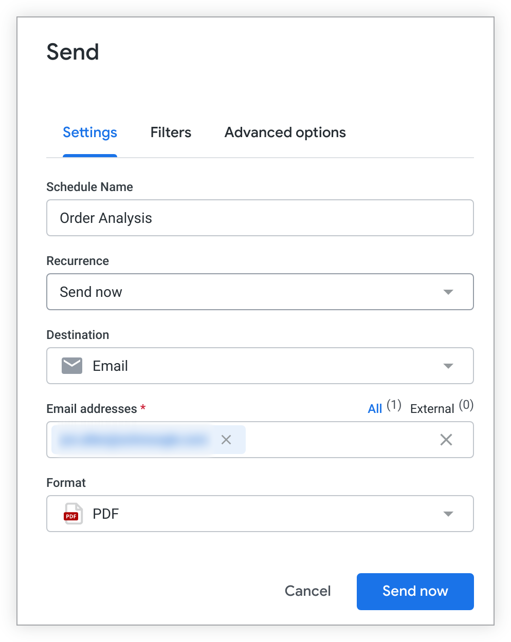 La ventana de programación y envío muestra opciones para personalizar el nombre, la periodicidad, el destino y el formato de un envío de panel de control.