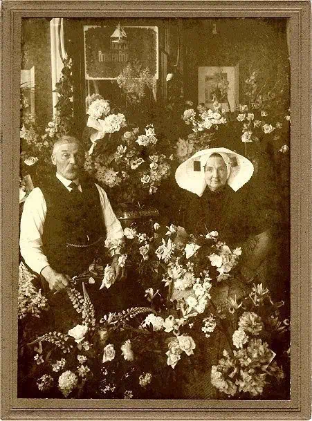 My great-grandfather Jan Kloosterman and his wife Jannetje Slabbekoorn at their 50e wedding anniversary 31-05-1938. My great-grandfather Jan Kloosterman and his wife Jannetje Slabbekoorn at their 50e wedding anniversary 31-05-1938. My great-grandmother is still wearing the traditional Zuid-Beveland costume, with its large, stiffly starched hat and the large gold square
