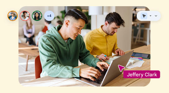 Someone working on a laptop overlaid with a UI that indicates they’re in a collaborative online meeting
