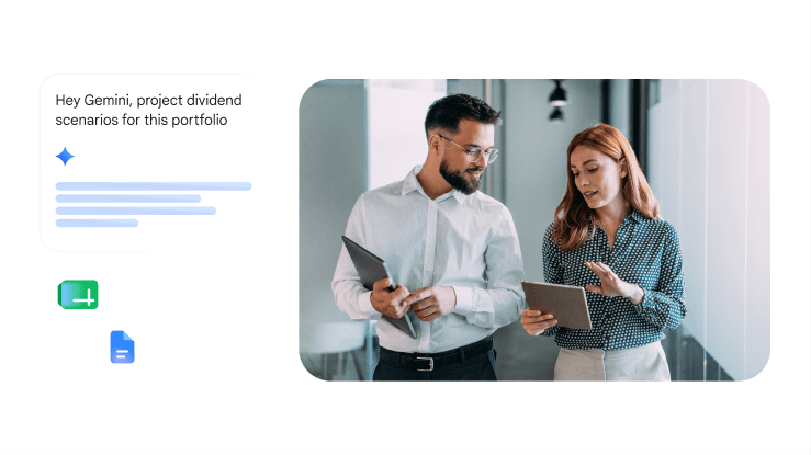  An illustration of AI-assisted financial planning showing two professionals discussing data. A chat interface displays a request for dividend projections, accompanied by icons for collaborative document and spreadsheet tools.
