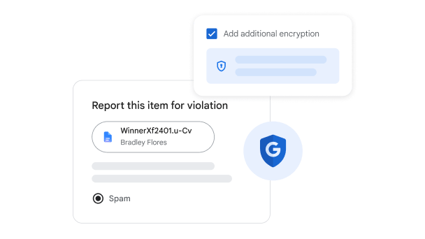Pop up windows to report a document as spam or add additional encryption.