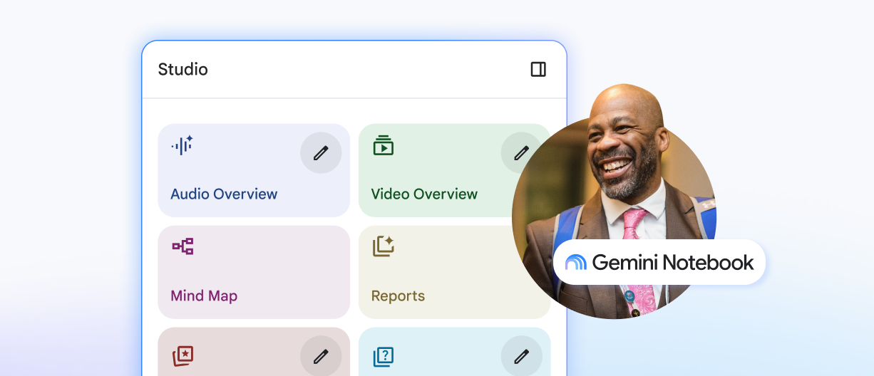 Example of Gemini Notebook user interface with an image of a smiling man in a suit