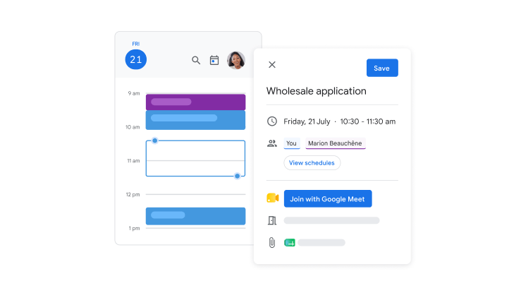 A Google Calendar interface shows a new event titled "Wholesale application" being scheduled for Friday, July 21, from 10:30 to 11:30 am. The event details include a Google Meet link and an attached Google Sheet.
