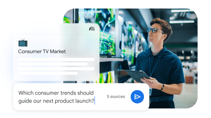An illustration of AI-driven market research showing a man in a technology showroom. Digital overlays include a "Consumer TV Market" source file and a prompt asking Gemini for trend insights to guide a product launch.