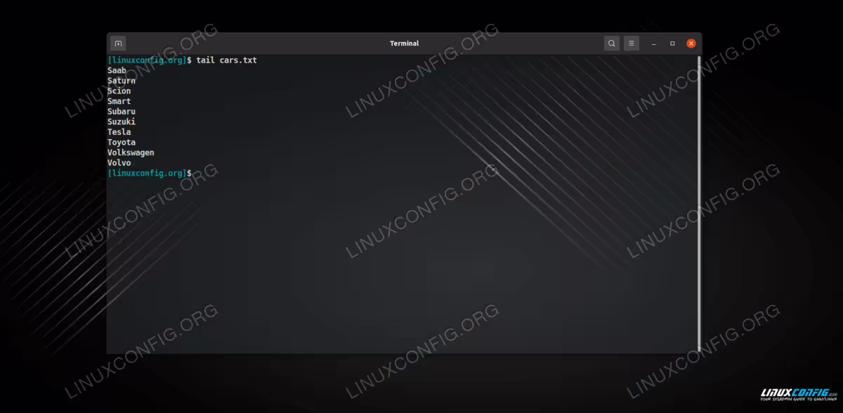 Running the tail command on a file will show its last 10 lines