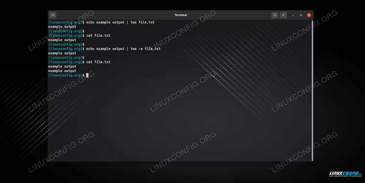 tee command examples showing how to redirect and append standard output to a file