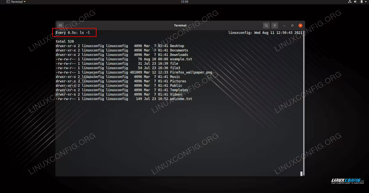 Running the ls -l command every half a second via watch