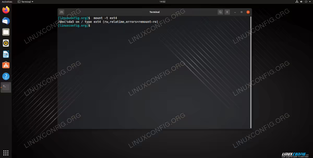Using the mount command with the -t option to display