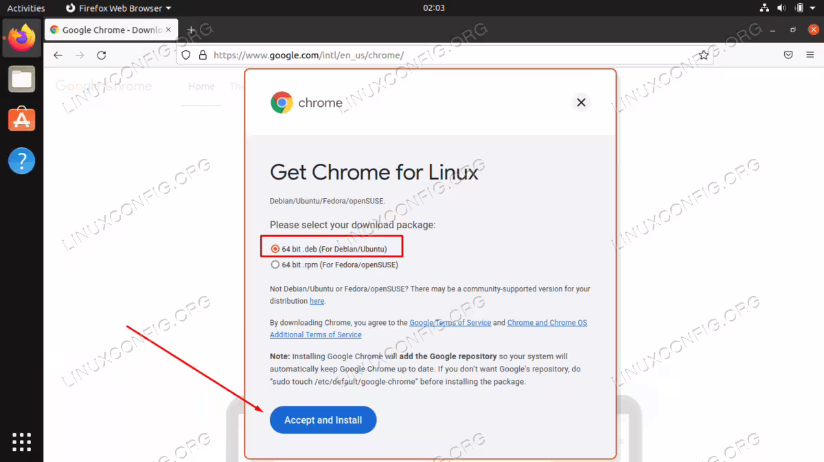 Select .deb file for Ubuntu and click Accept and Install