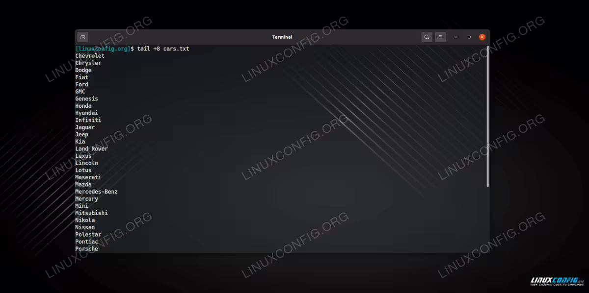Using tail to skip the first 8 lines of a file and output all other lines