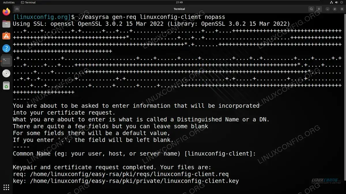 Generating a key pair and certificate request for a VPN client