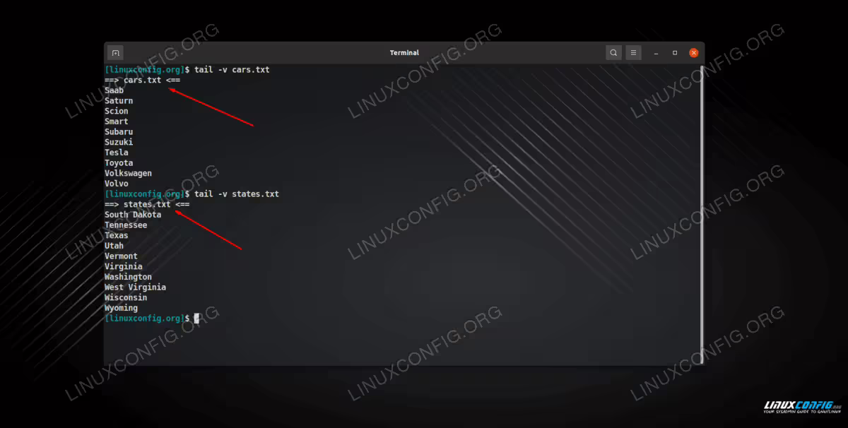 The -v option will show which file tail is displaying data from