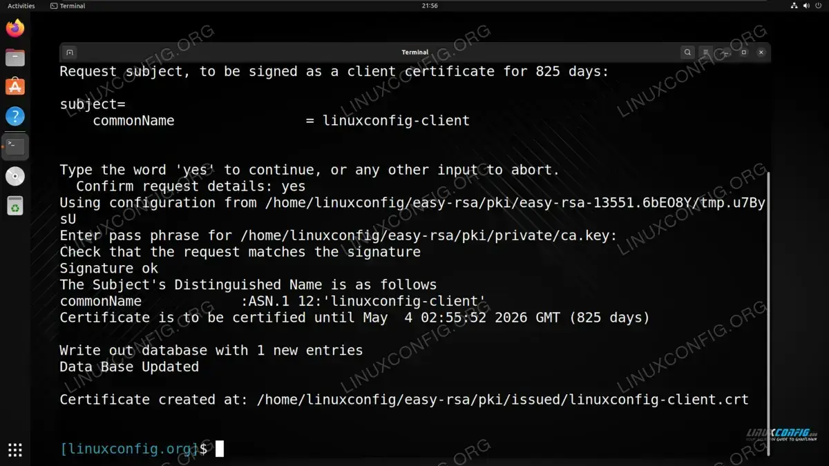 Signing the certificate request for the VPN client