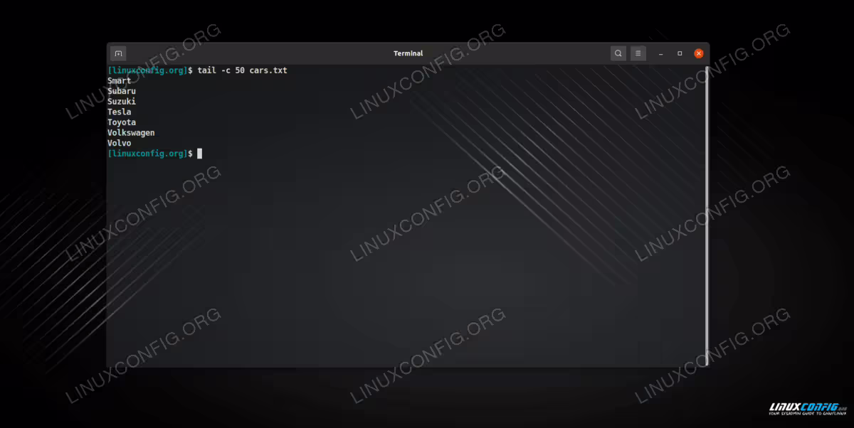 Using tail to display the last 50 bytes of data in a file