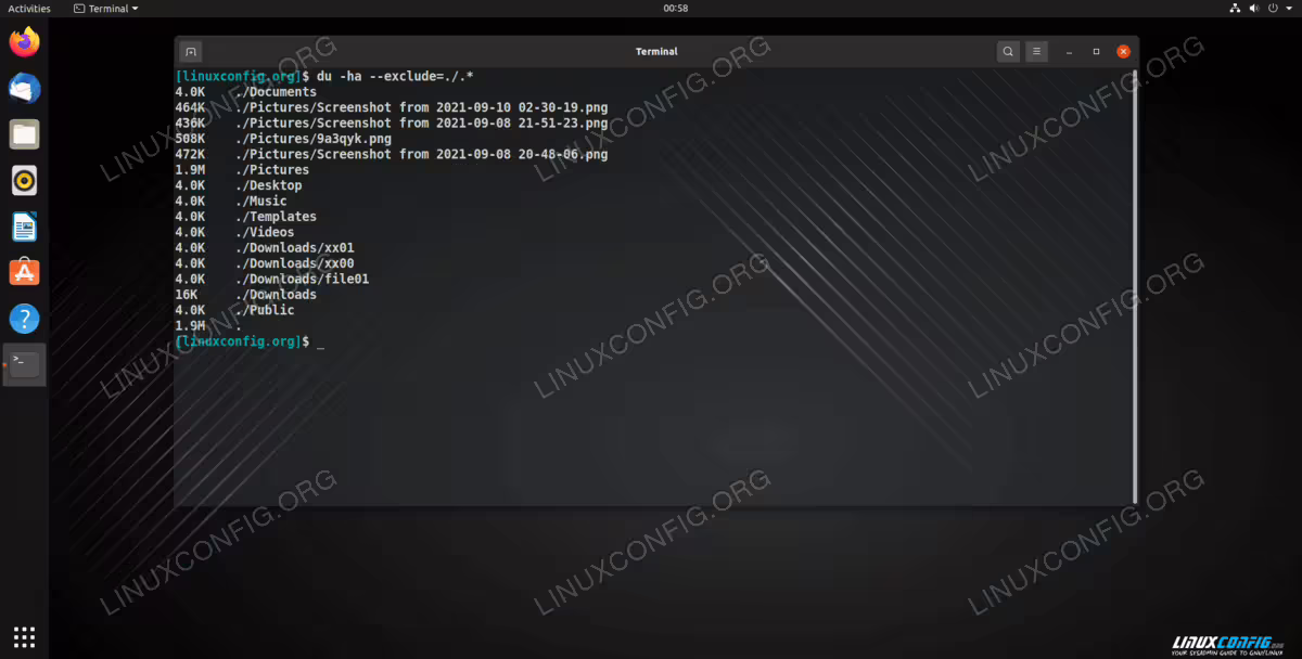 Using the --exclude option to exclude all hidden files in our home directory