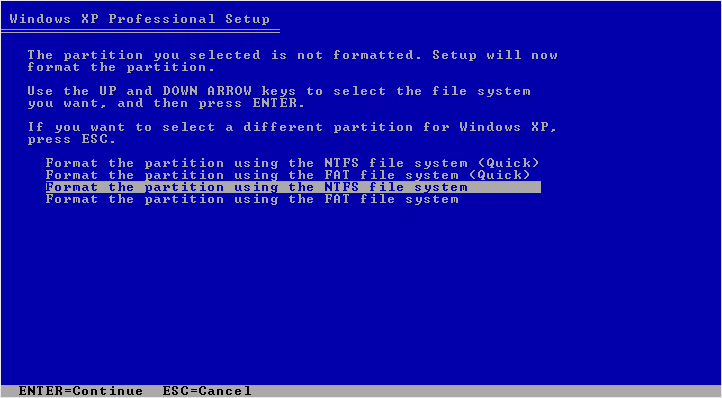 Windows XP parition is ready Windows XP parition is ready to be formated.
