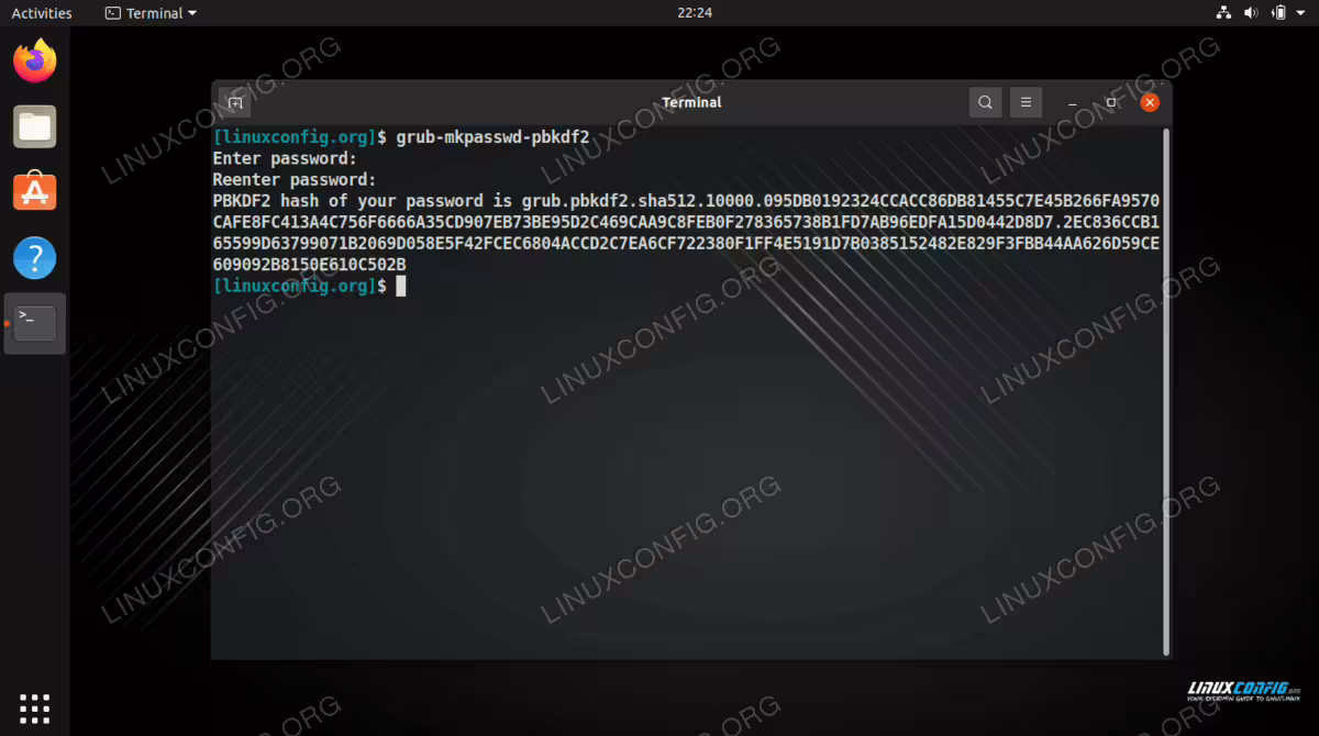 Using the grub-mkpasswd-pbkdf2 command in Linux to generate a password hash
