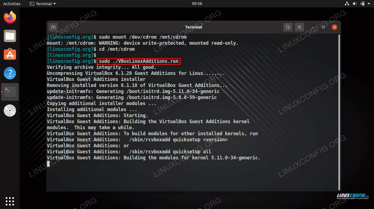 The terminal output shows VirtualBox Guest Additions is being installed