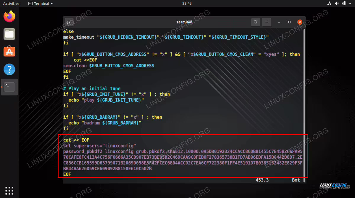Editing the GRUB configuration file with your user name and password hash