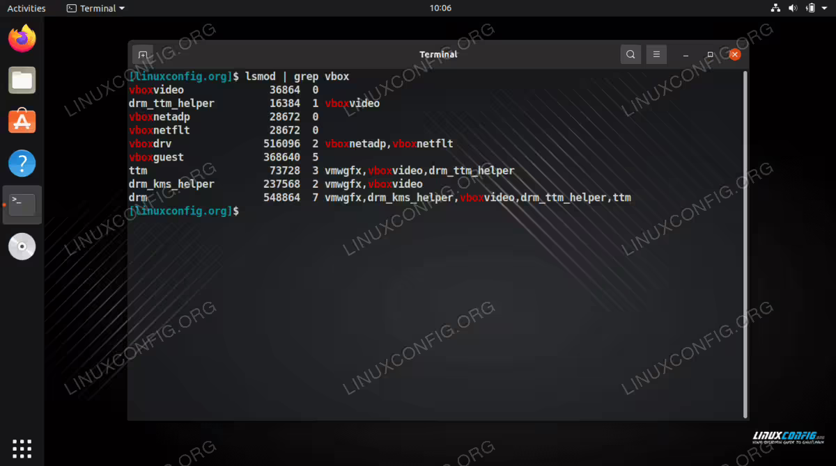 Verifying successful installation of VirtualBox Guest Additions with the lsmod command