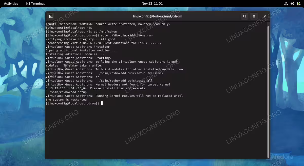 The terminal output shows VirtualBox Guest Additions is being installed