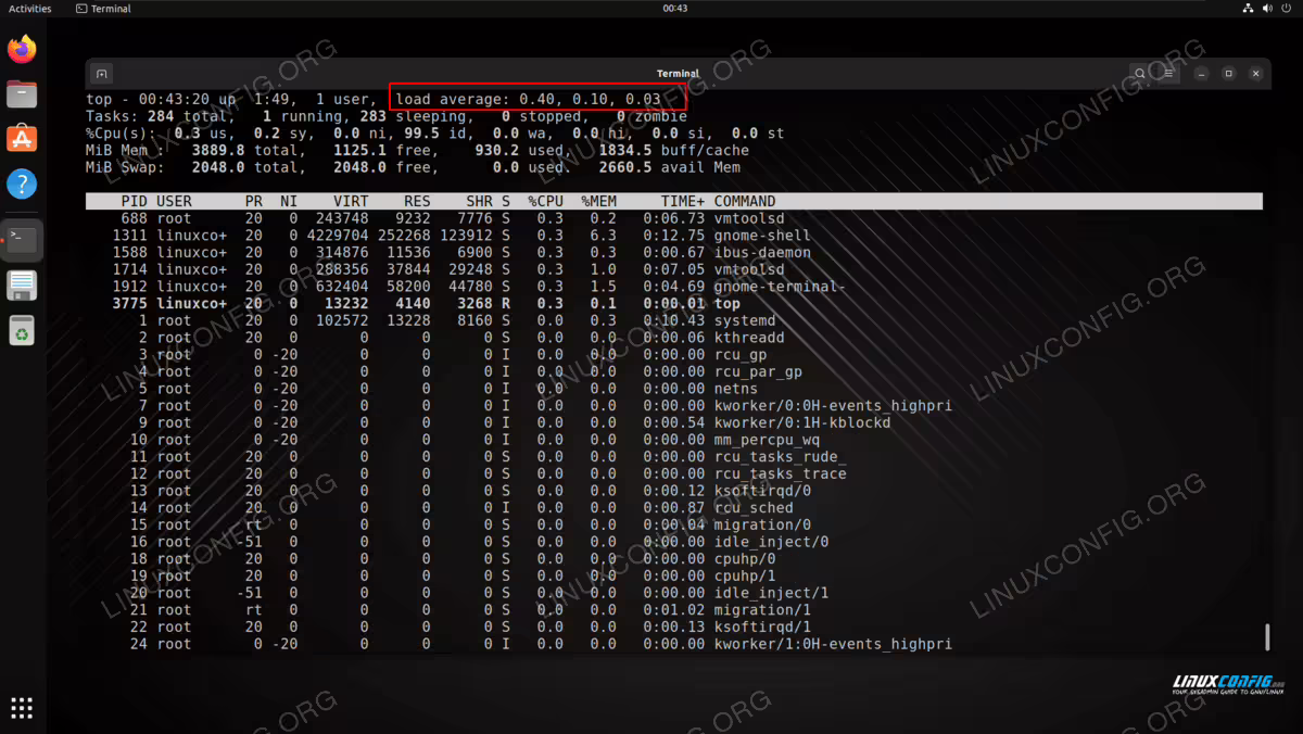 The top command output shows load information and other relevant stats