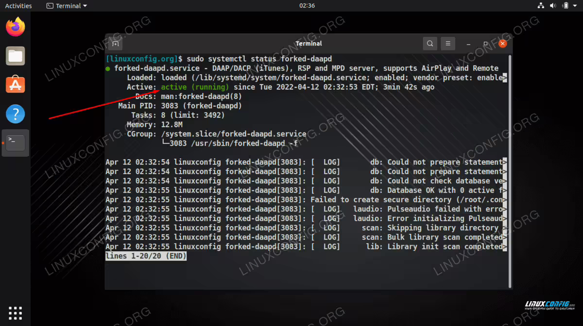 Confirming that the forked-daapd service is running on our system