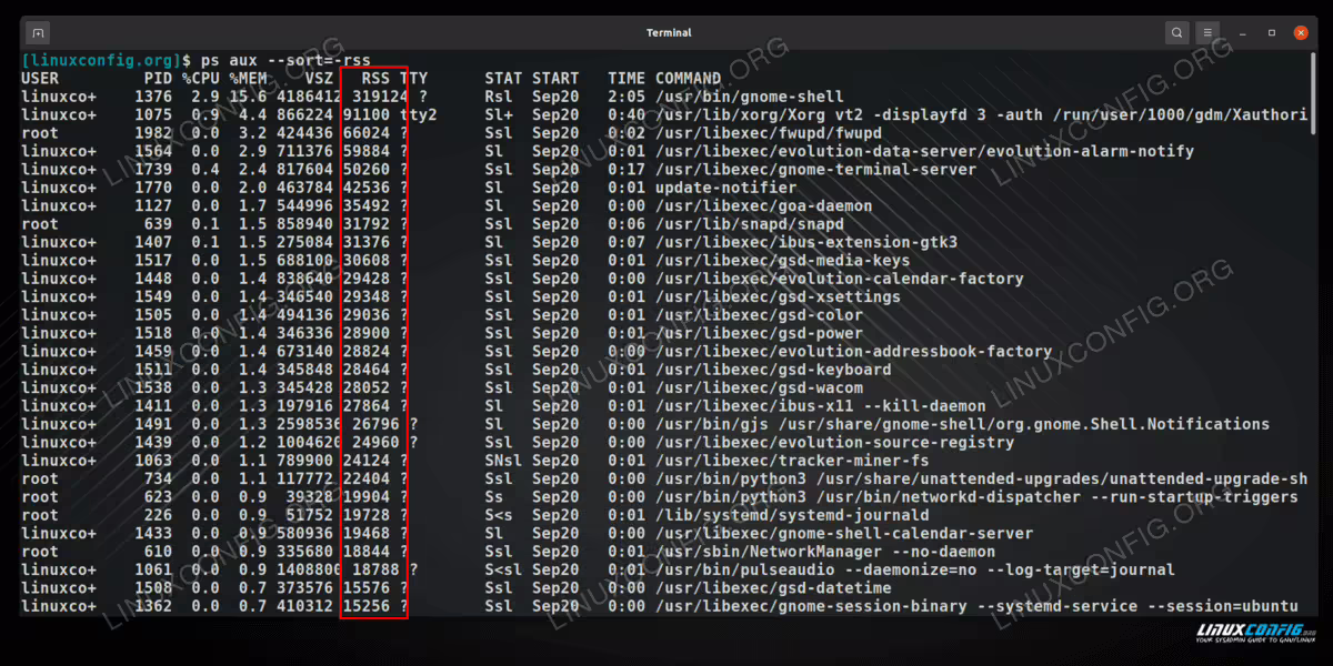 Sorting ps output by RSS values