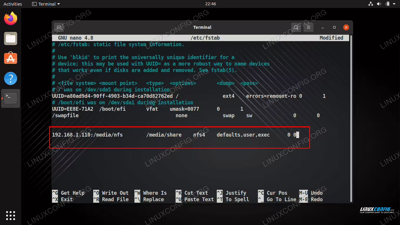 Editing the NFS share to /etc/fstab file so it gets mounted automatically