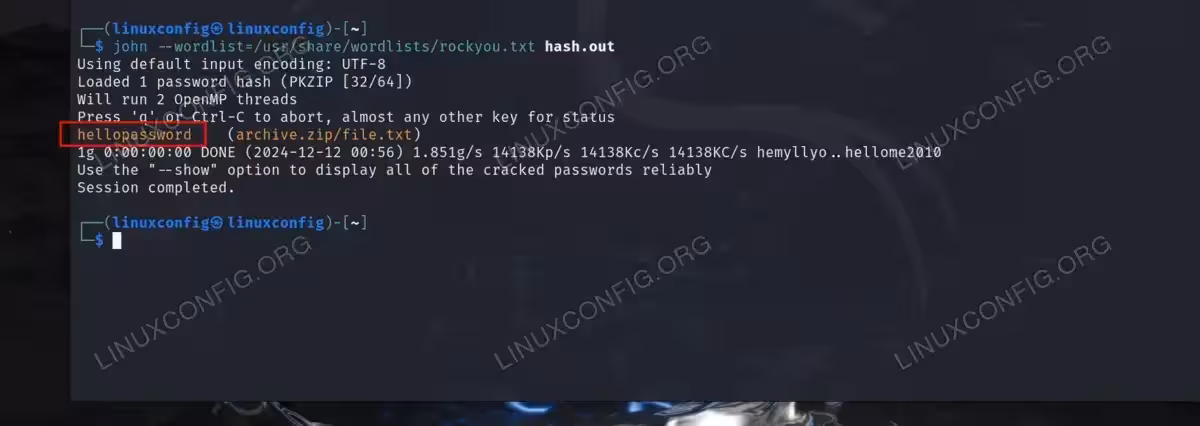 Successfully cracking the password for our zip file