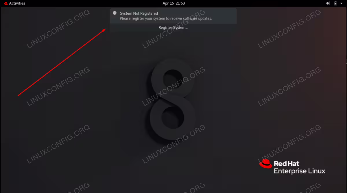 Prompt asking us to register the Red Hat system in order to receive updates