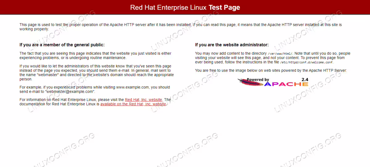 Apache test page on Red Hat Enterprise Linux
