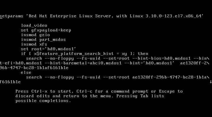 Editing RHEL7 boot menu to enter single mode