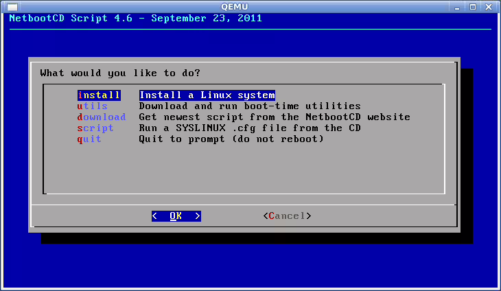 netbootcd welcome main screen