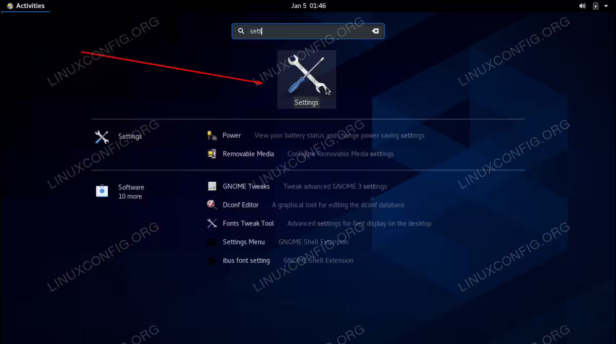 Open Settings menu on CentOS