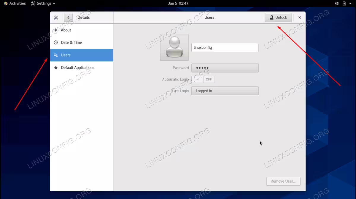 Unlock the Users tab in order to configure the settings