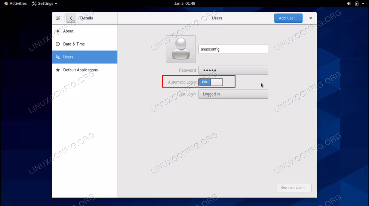 Enable automatic login within the Users tab inside the Settings menu